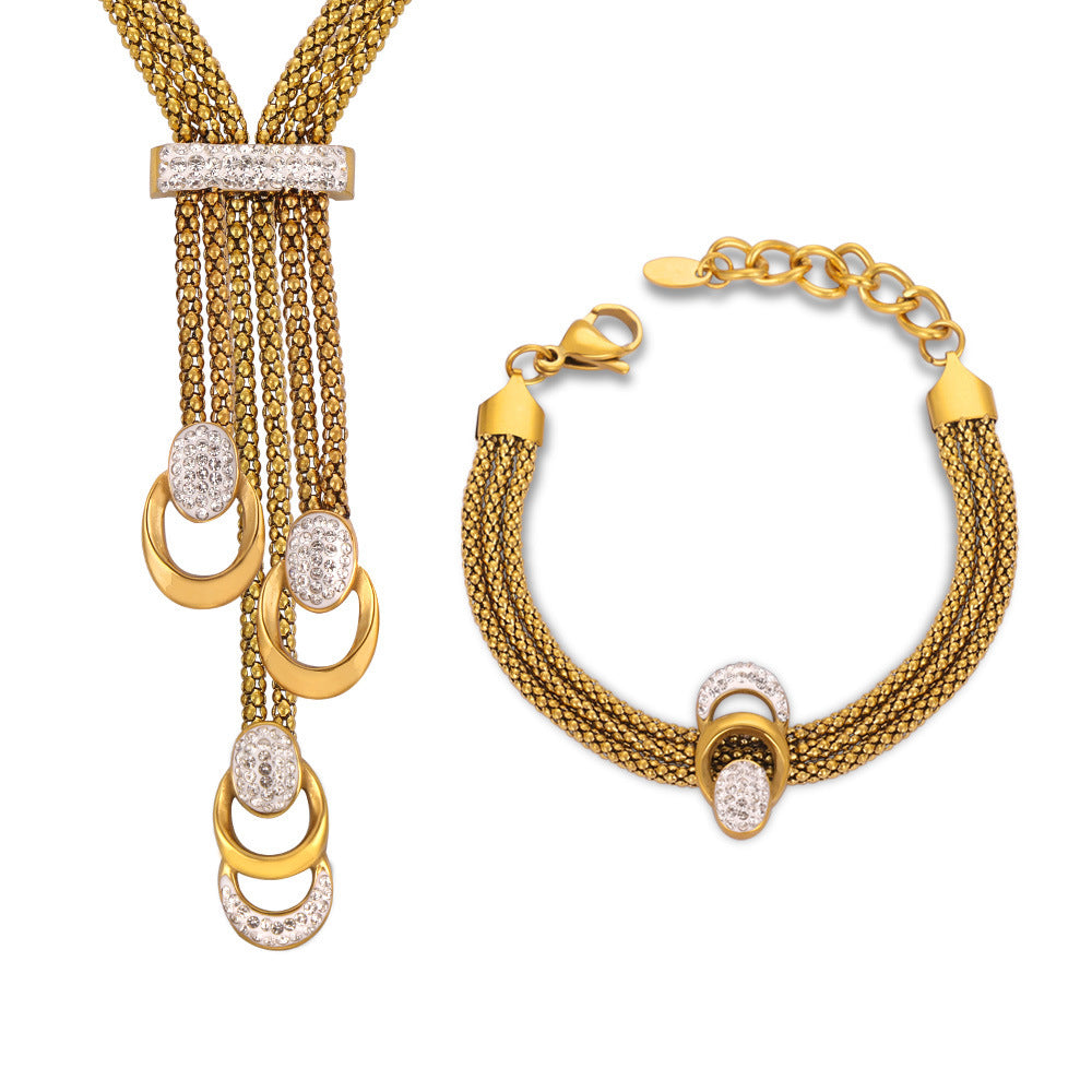 Gold Diamond and Enamel Pendant Multilayer Necklace Bracelet Set