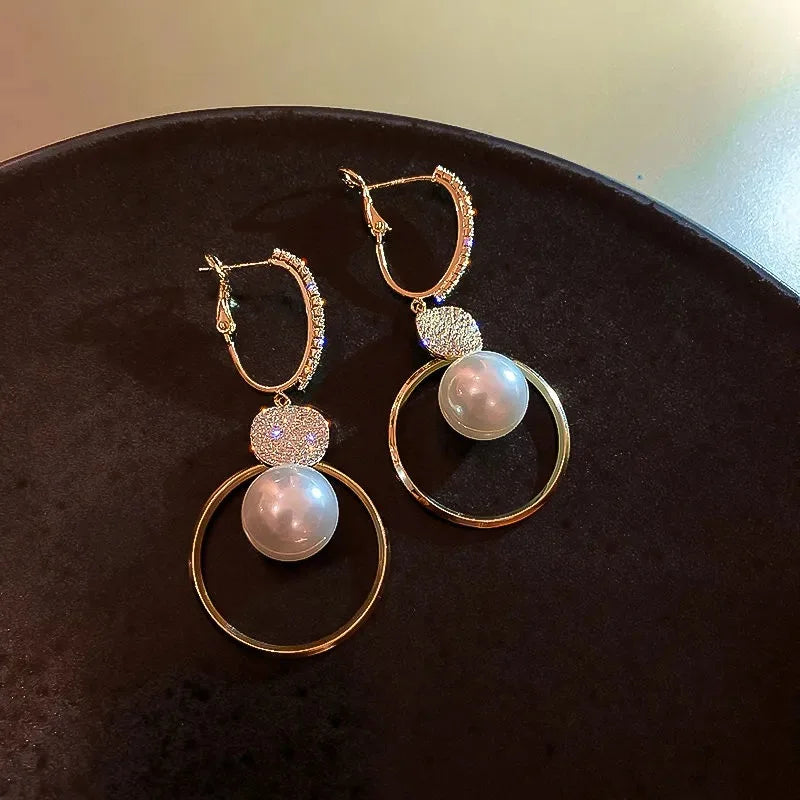 Oversized White Pearl Drop Earrings – Gold Zircon Wedding Jewelry for Women