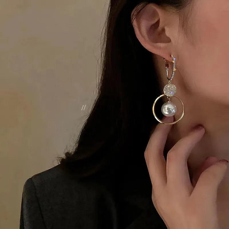 Oversized White Pearl Drop Earrings – Gold Zircon Wedding Jewelry for Women