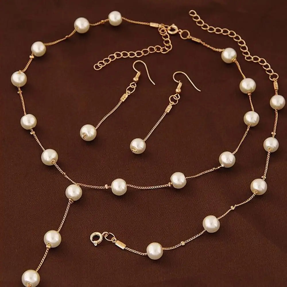 4PCS Gold Imitation Pearl Jewelry Set – Necklace, Earrings & Bracelet