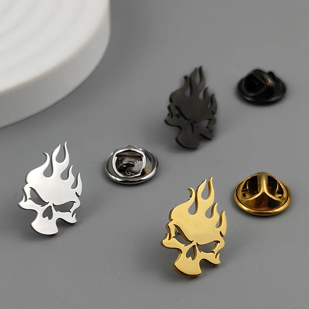 Men’s Punk Skull Fire Brooch – Stainless Steel Badge Pin, Hip Hop Rock Accessory