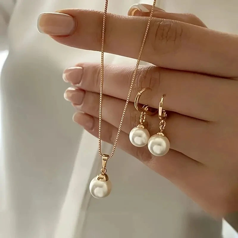 Elegant Imitation Pearl Jewelry Set – Vintage Gold Necklace Earrings for Women, Wedding And Party Gifts