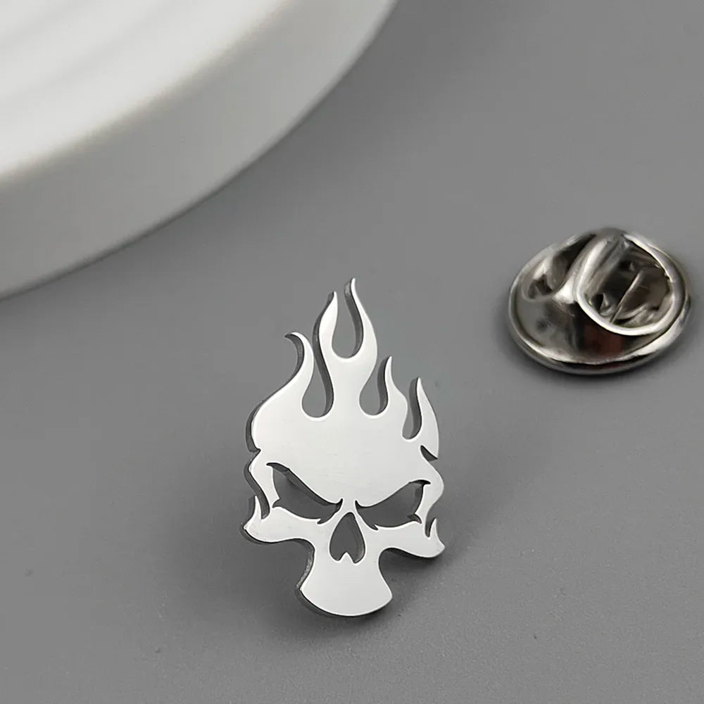 Men’s Punk Skull Fire Brooch – Stainless Steel Badge Pin, Hip Hop Rock Accessory