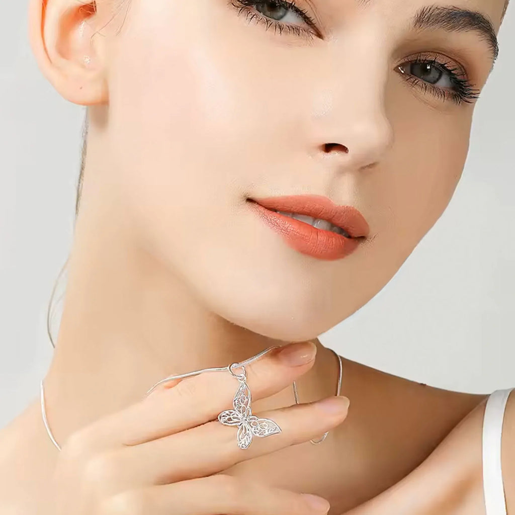 Silver Butterfly Pendant Necklace – Elegant Snake Chain Wedding for Women