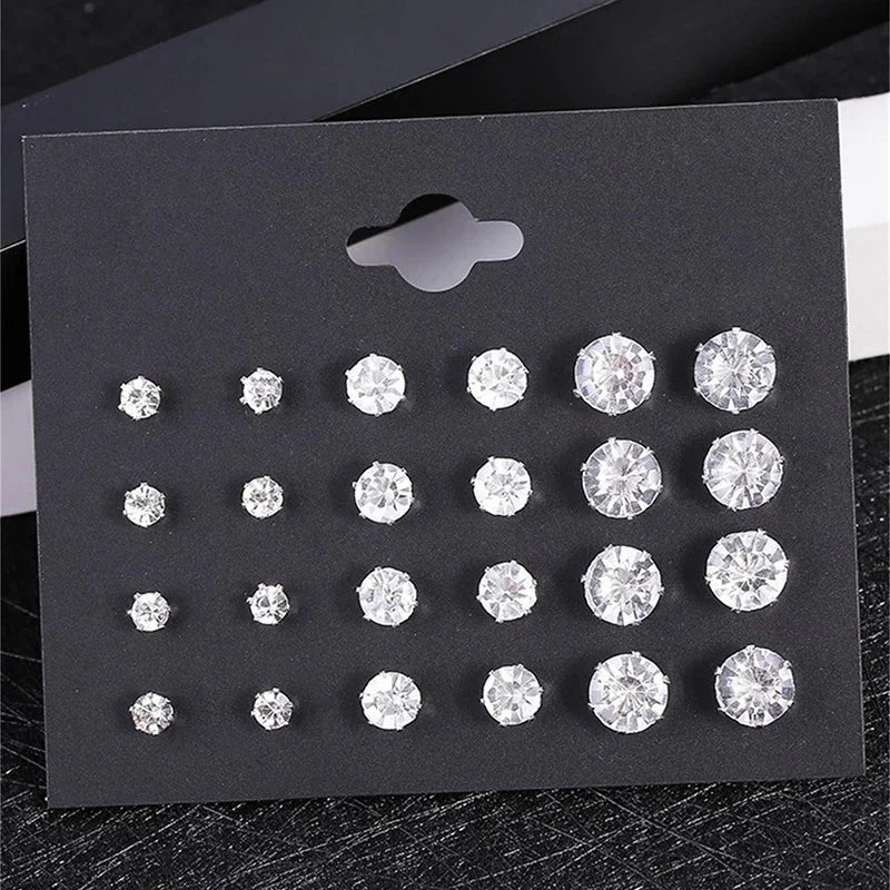 12-Pair White Crystal Stud Earrings Set