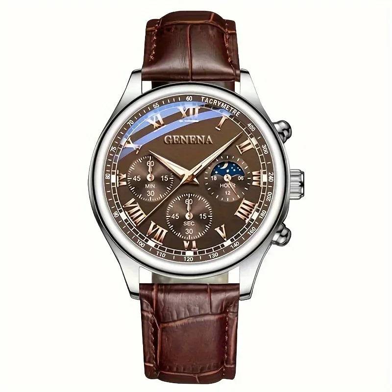 Luxury Men’s Leather Analog Quartz Watch – Round Dial, Business Style (No Box)