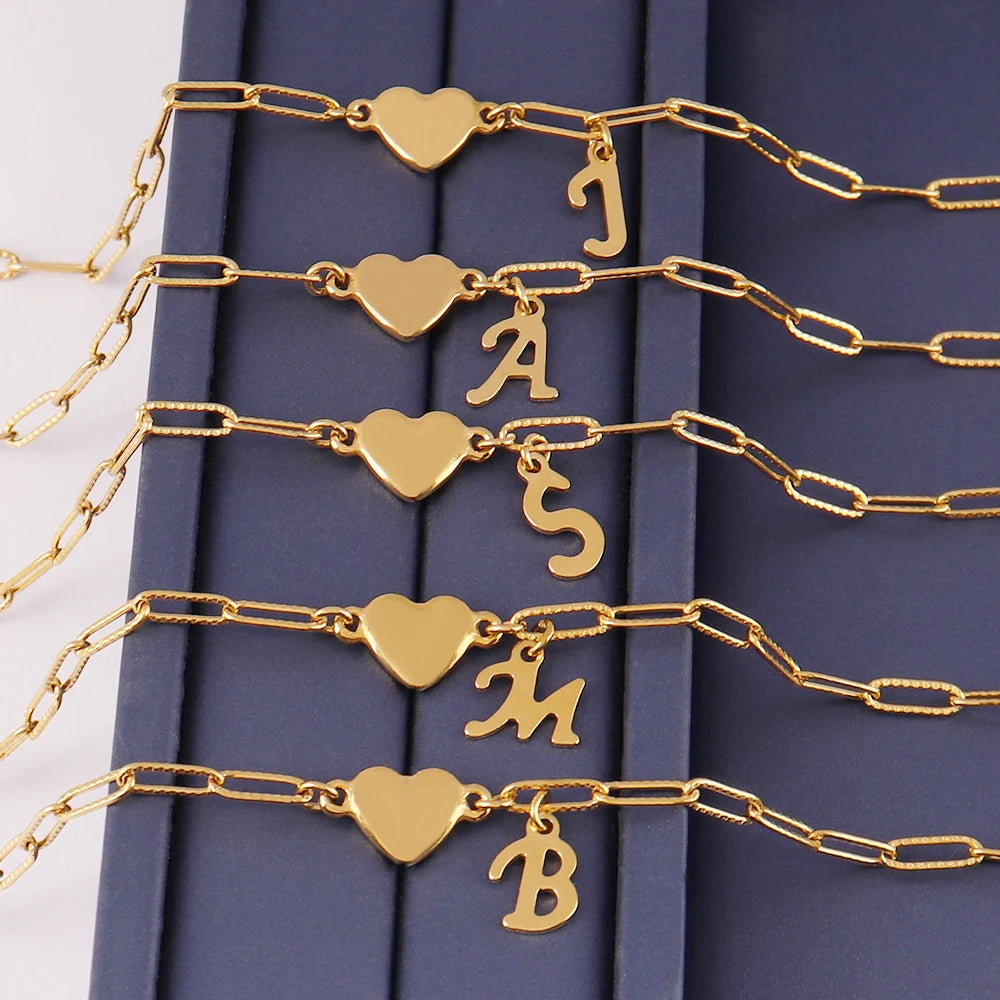 Stainless Steel Initial Letter Heart Bracelet