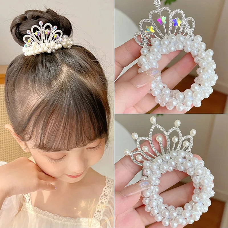 2PCS Pearl Crown Princess Hair Bands – Elastic Rubber Hair Bun Ties for Children