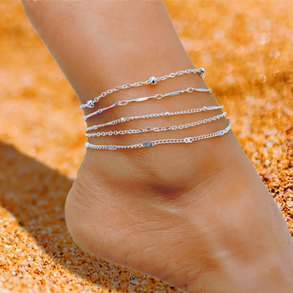 5PCS Anklet Set for Women – Simple Resort Chain Jewelry