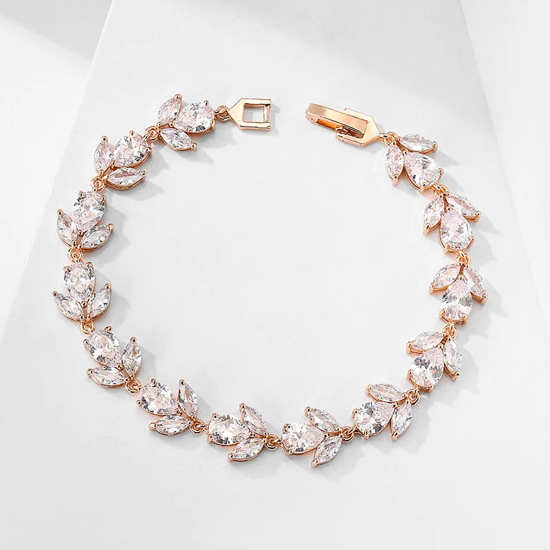 Cubic Zirconia Leaf Charm Bracelet – White Gold Wedding And Party Jewelry for Women