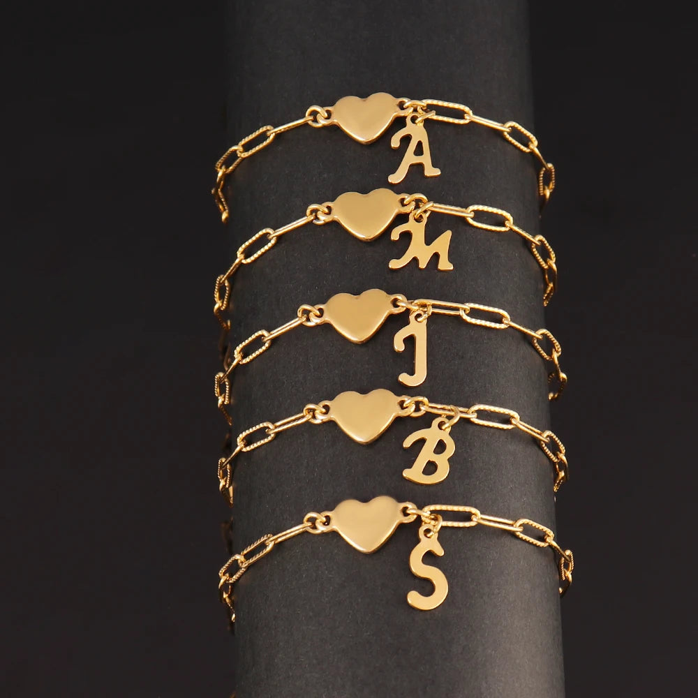 Stainless Steel Initial Letter Heart Bracelet