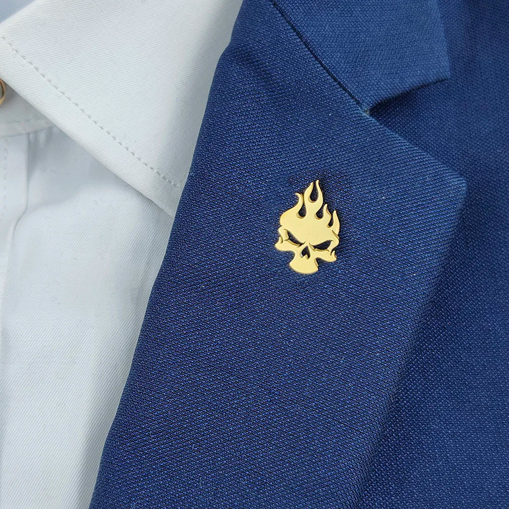 Men’s Punk Skull Fire Brooch – Stainless Steel Badge Pin, Hip Hop Rock Accessory