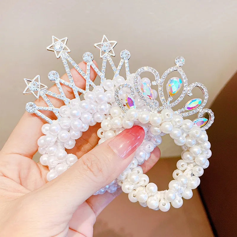 2PCS Pearl Crown Princess Hair Bands – Elastic Rubber Hair Bun Ties for Children