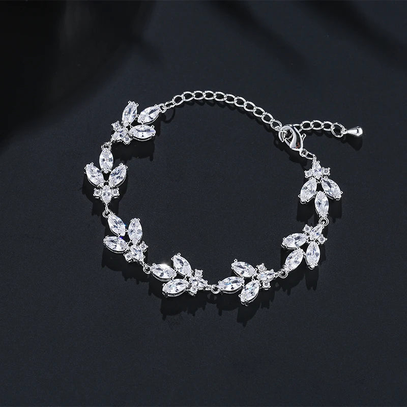 Cubic Zirconia Leaf Charm Bracelet – White Gold Wedding And Party Jewelry for Women