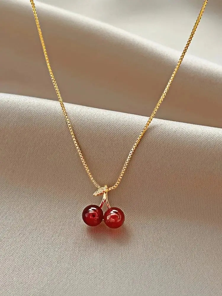 Wine Red Cherry Gold Necklace