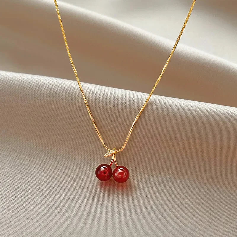 Wine Red Cherry Gold Necklace