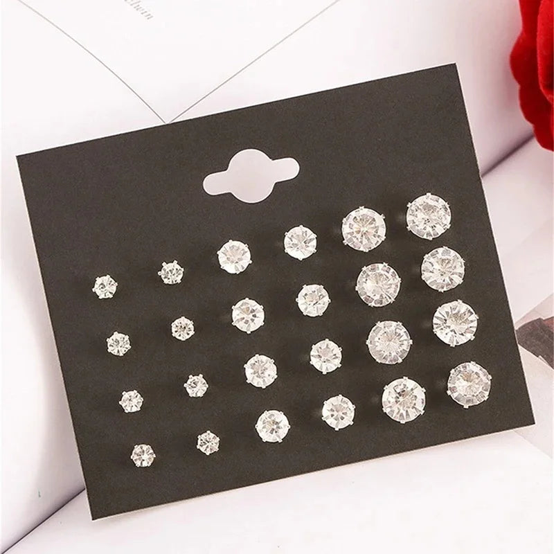 12-Pair White Crystal Stud Earrings Set