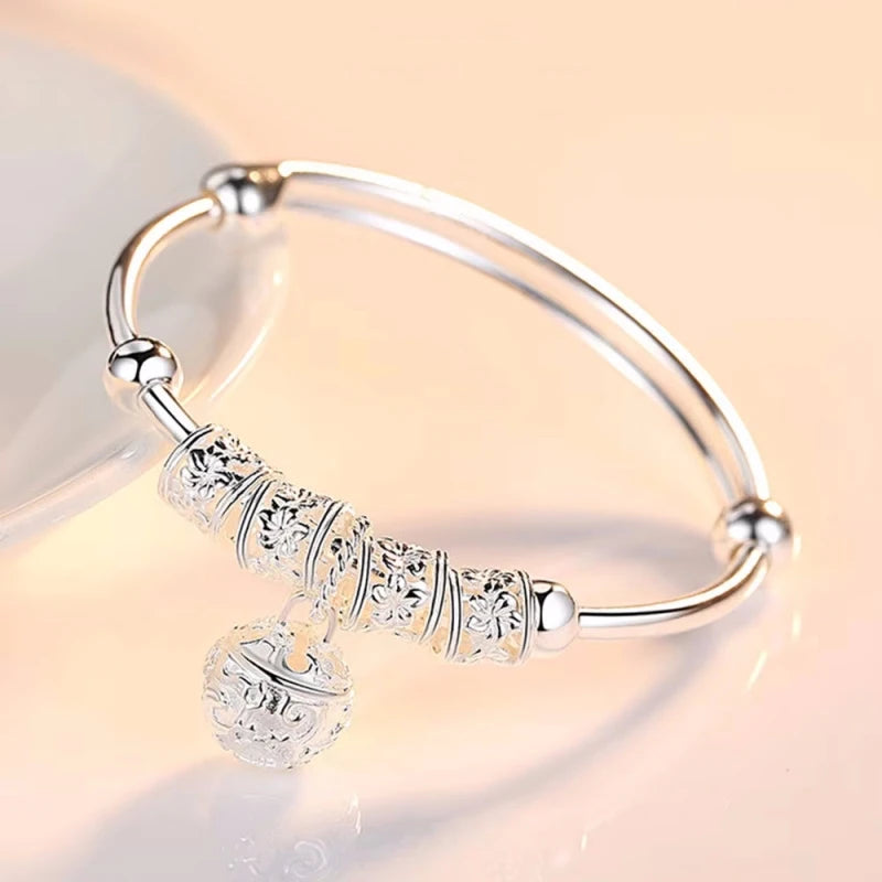 Sterling Silver Hollow Bell Bangle – Adjustable Women’s Bracelet