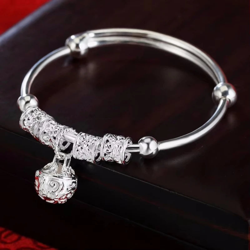 Sterling Silver Hollow Bell Bangle – Adjustable Women’s Bracelet