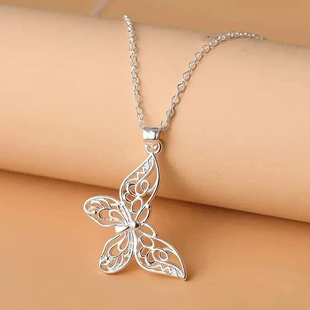 Silver Butterfly Pendant Necklace – Elegant Snake Chain Wedding for Women
