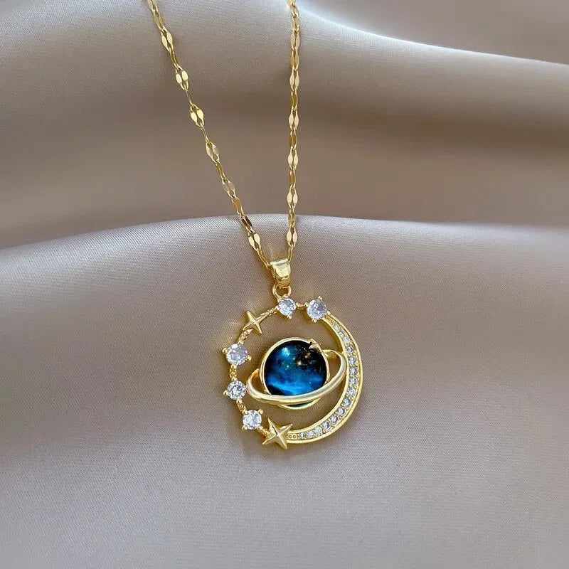 Starry Sky Planet Necklace Star And Moon Stainless Steel Clavicle Chain