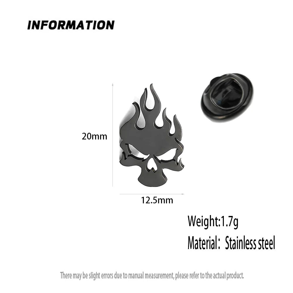 Men’s Punk Skull Fire Brooch – Stainless Steel Badge Pin, Hip Hop Rock Accessory