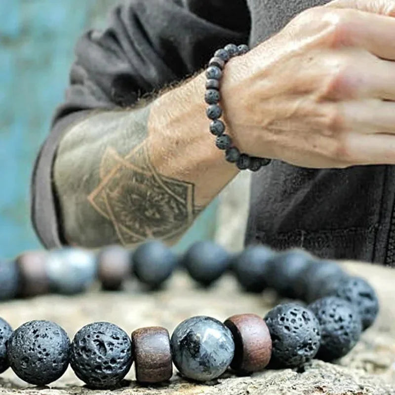 Handmade Lava Stone Wooden Beads Bracelet for Men