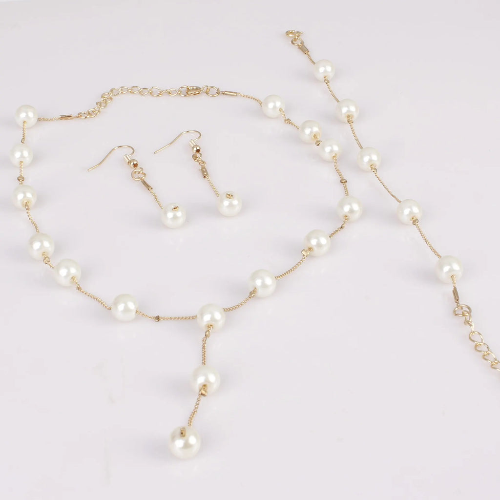 4PCS Gold Imitation Pearl Jewelry Set – Necklace, Earrings & Bracelet