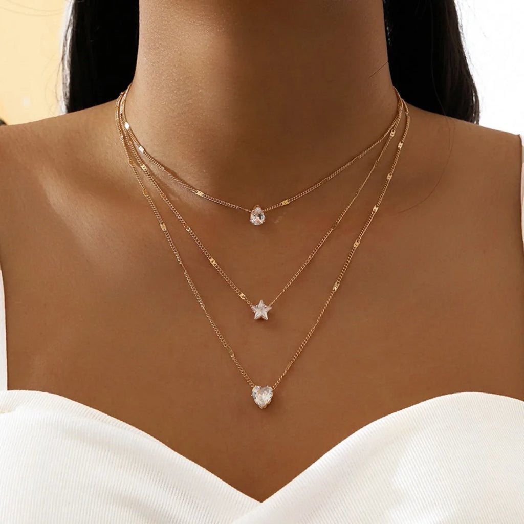 Multi-Layer Star And Heart Pendant Necklace – Glass Alloy Collarbone Chain for Women