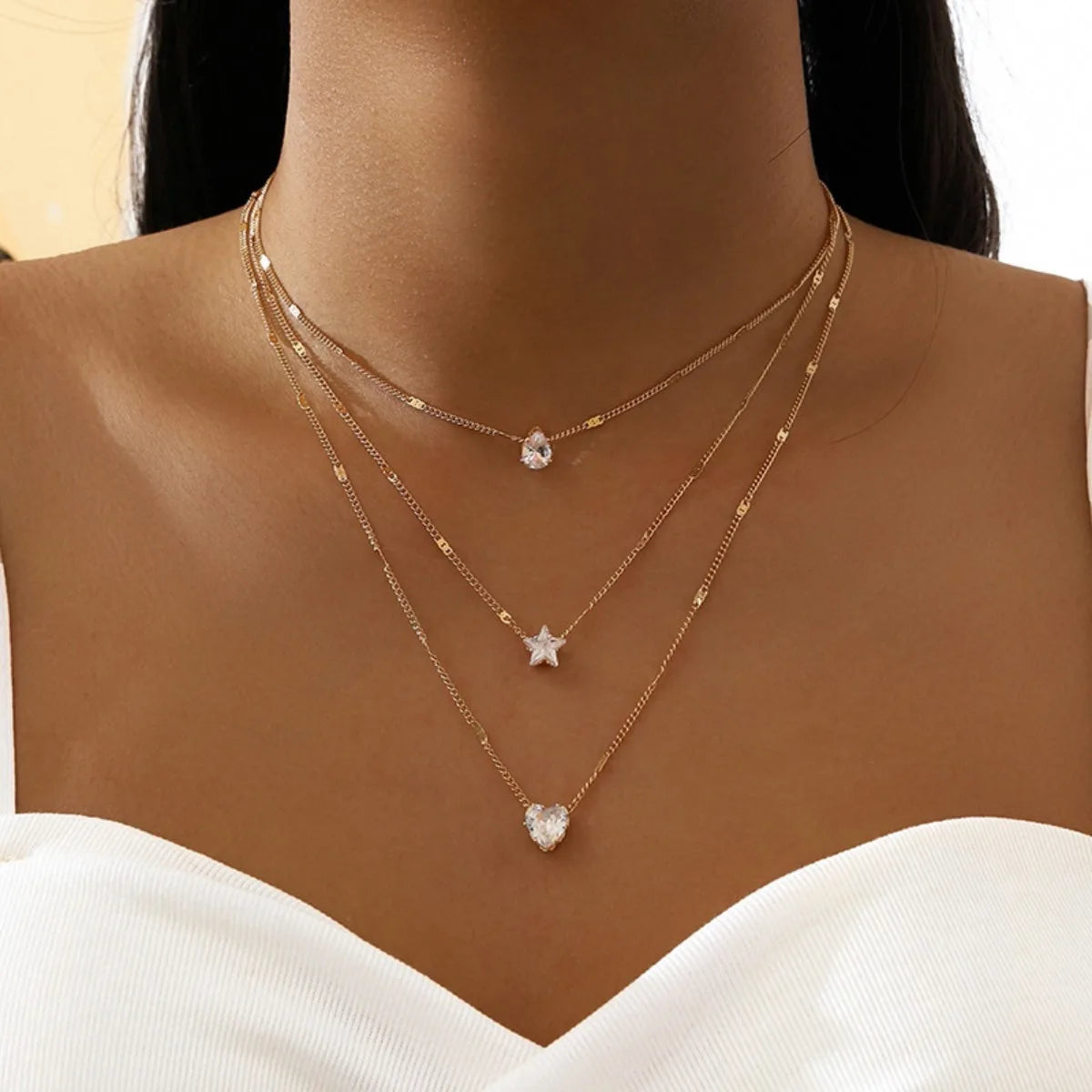 Multi-Layer Star And Heart Pendant Necklace – Glass Alloy Collarbone Chain for Women