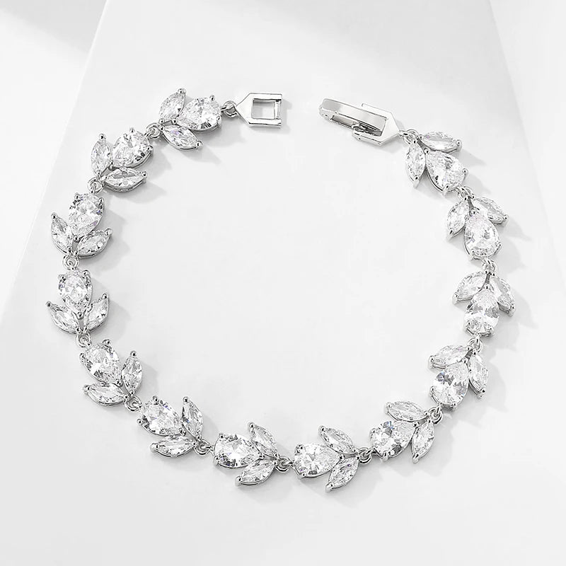 Cubic Zirconia Leaf Charm Bracelet – White Gold Wedding And Party Jewelry for Women