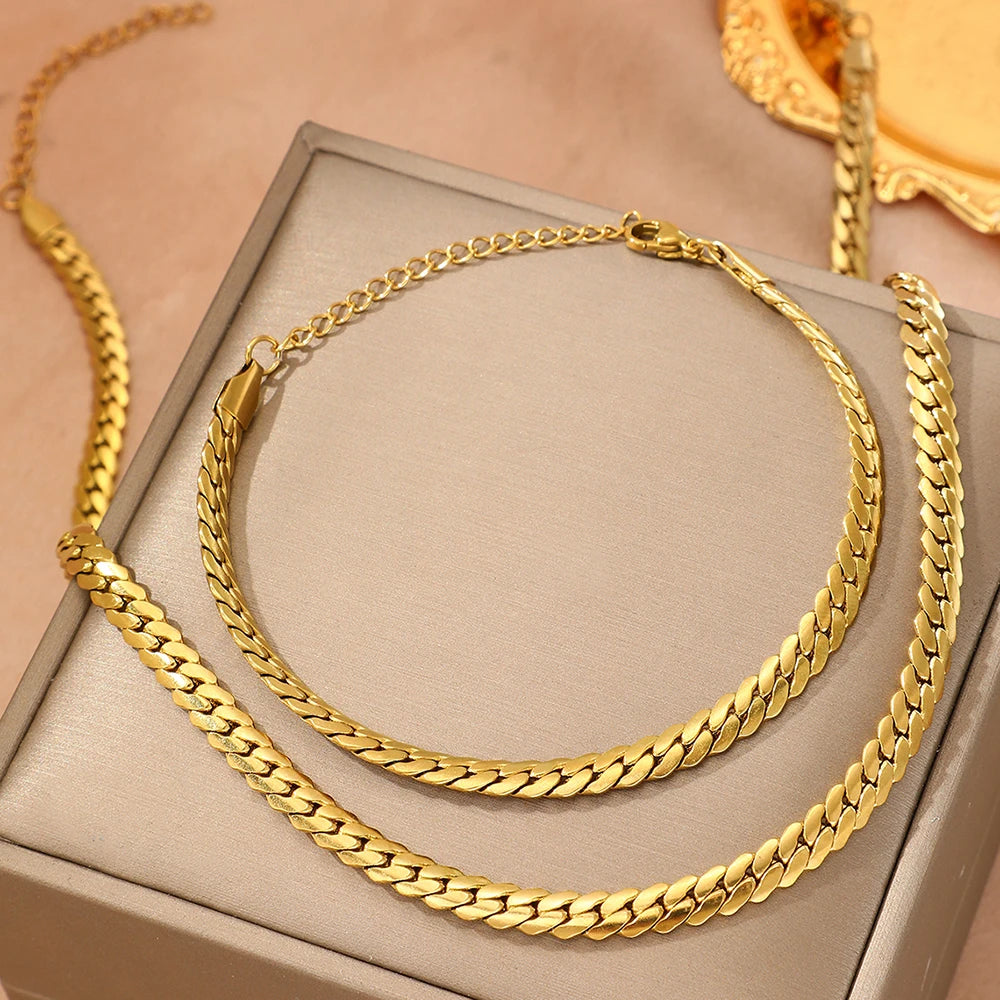 Stainless Steel Thick Cuban Chain Jewelry Set Gold Plated