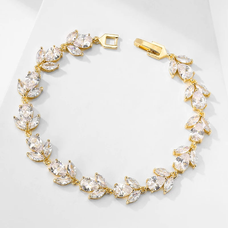 Cubic Zirconia Leaf Charm Bracelet – White Gold Wedding And Party Jewelry for Women