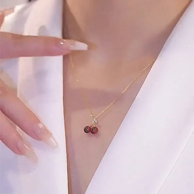 Wine Red Cherry Gold Necklace
