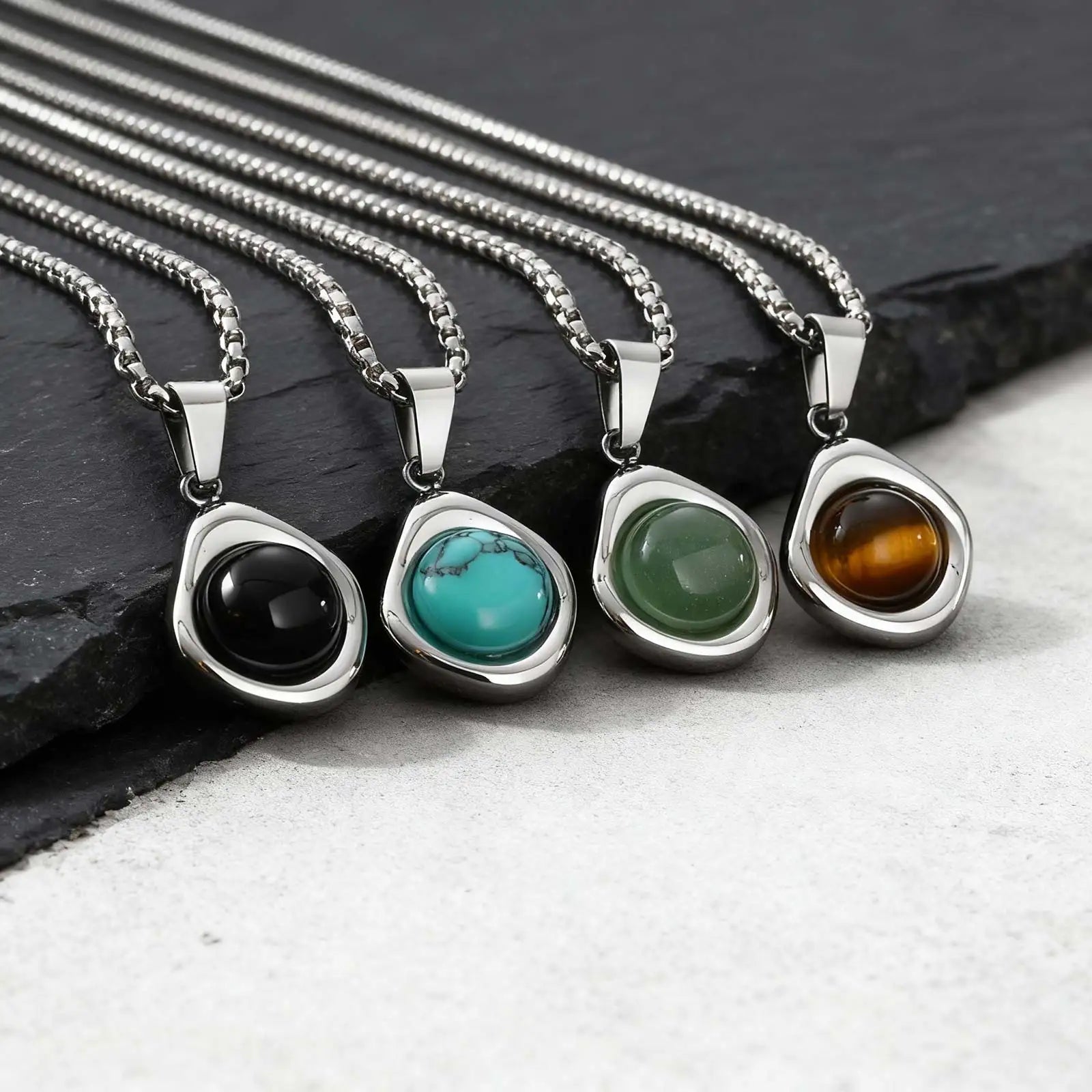 Men’s Hip Hop Stainless Steel Pendant Necklace with Natural Stone