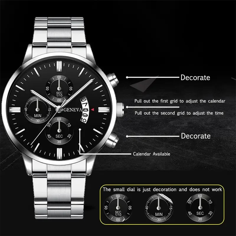 Luxury Men’s Silver Stainless Steel Quartz Watch