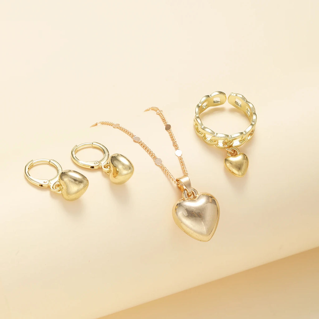 4PCS Women’s Gold Jewelry Set – Heart Necklace, Ring & Hoop Earrings