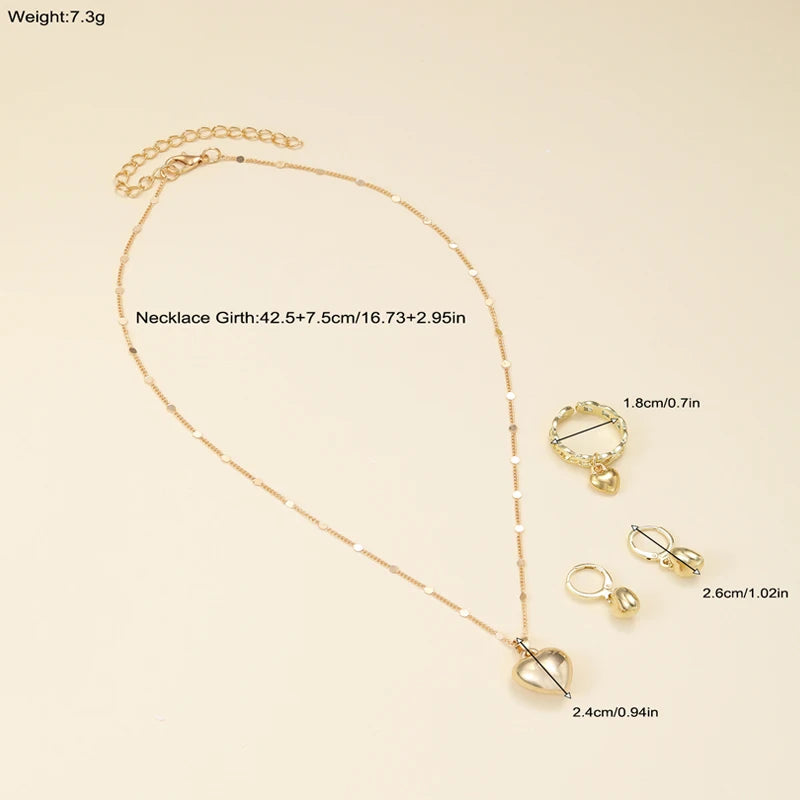 4PCS Women’s Gold Jewelry Set – Heart Necklace, Ring & Hoop Earrings