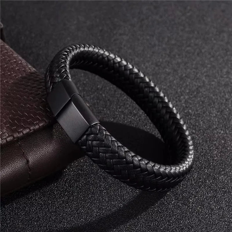 Men’s Woven Leather Hand Rope Bracelet – Multi-Size Open Bangle
