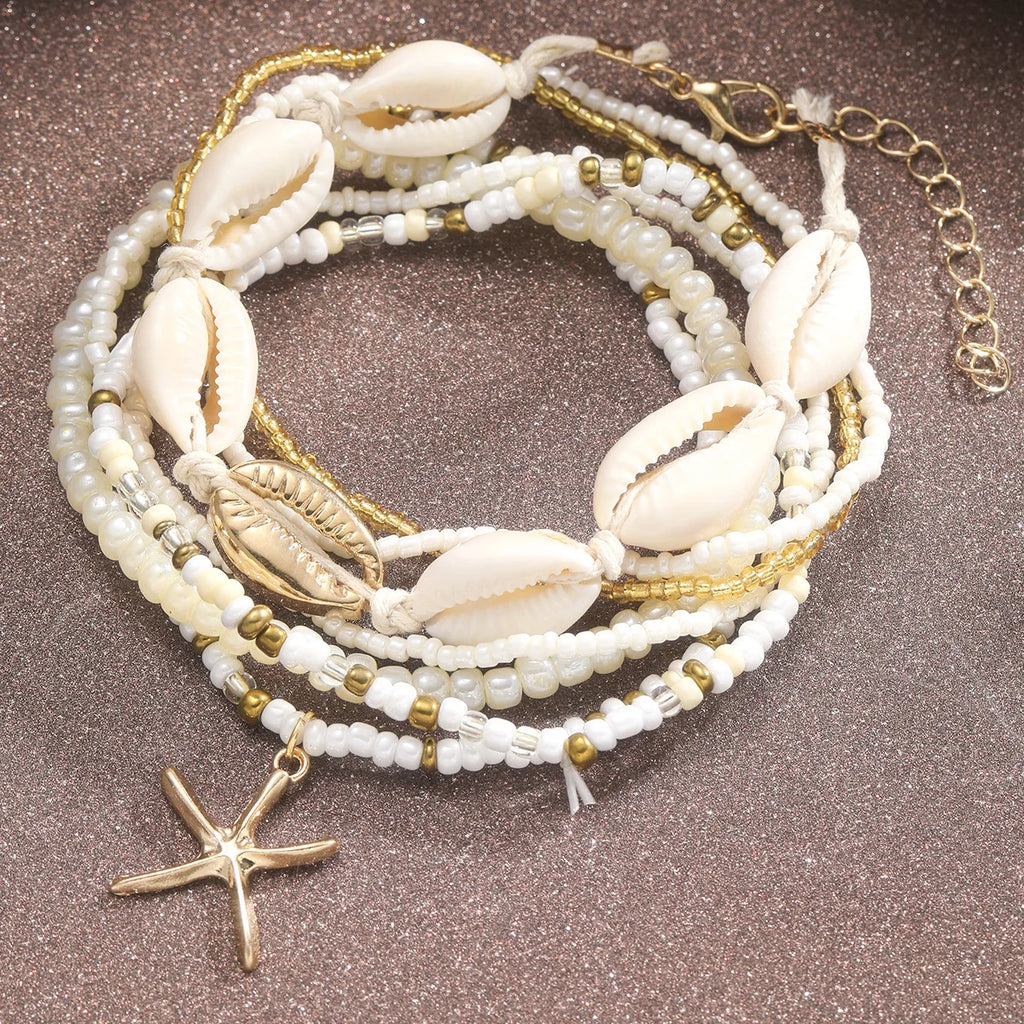 7pc Anklet Set – Summer Beach Starfish And Shell Jewelry”