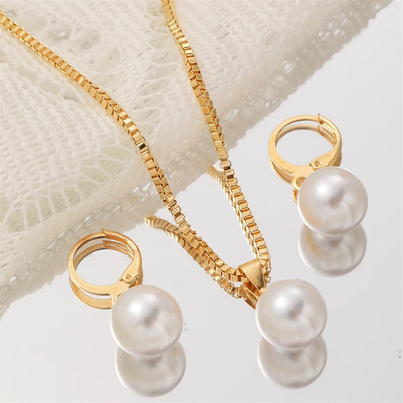 Elegant Imitation Pearl Jewelry Set – Vintage Gold Necklace Earrings for Women, Wedding And Party Gifts