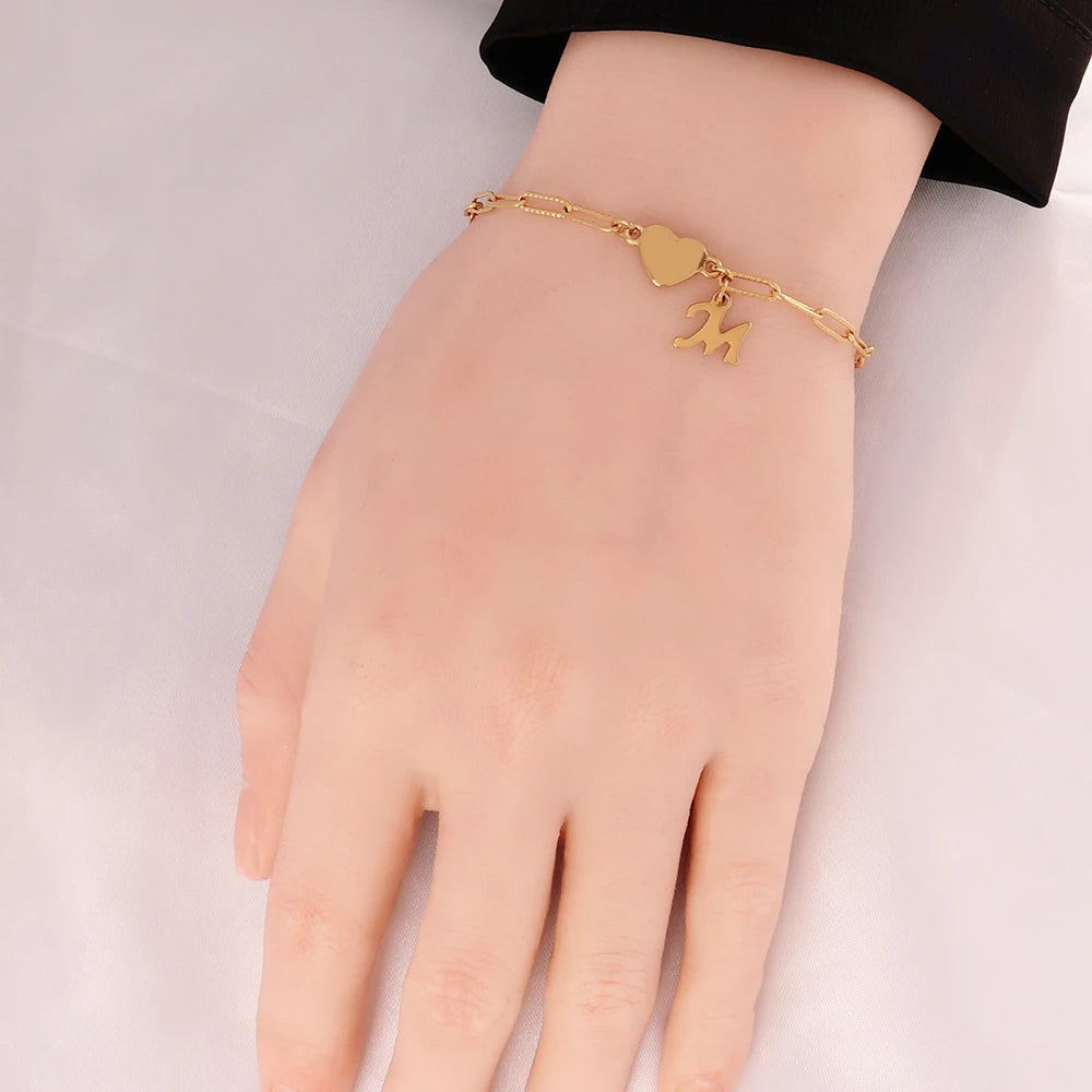 Stainless Steel Initial Letter Heart Bracelet