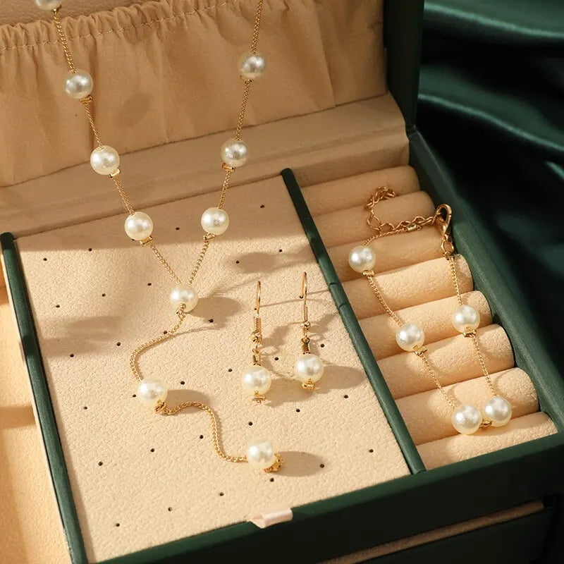 4PCS Gold Imitation Pearl Jewelry Set – Necklace, Earrings & Bracelet