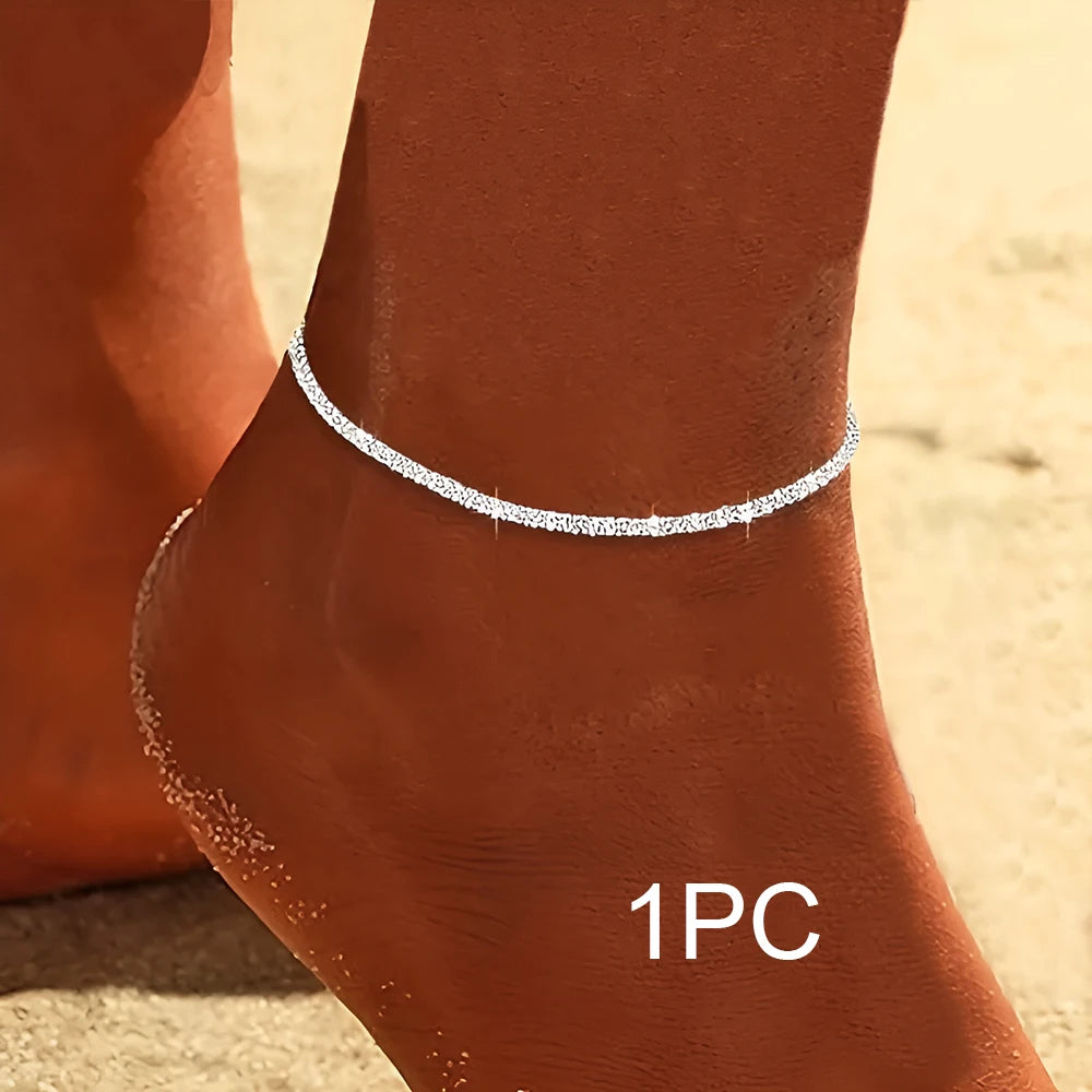 2PCS Silver Anklet Set – Simple Sparkling Ankle for Women