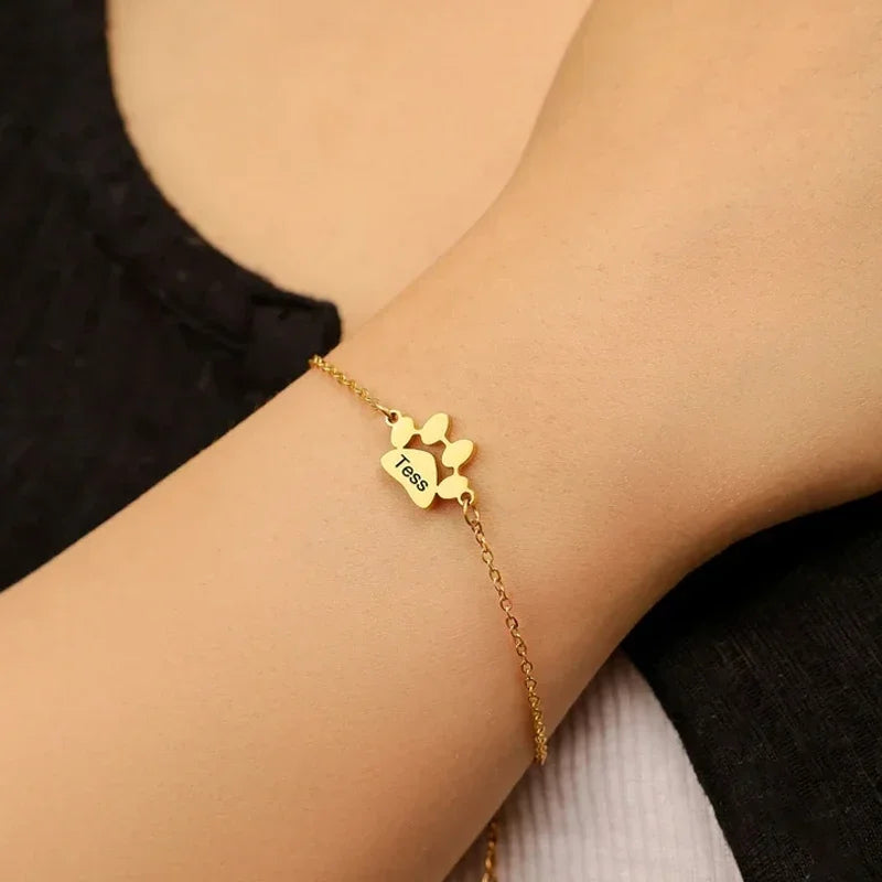 Trendy Stainless Steel Paw Bracelet – Custom Name Gift