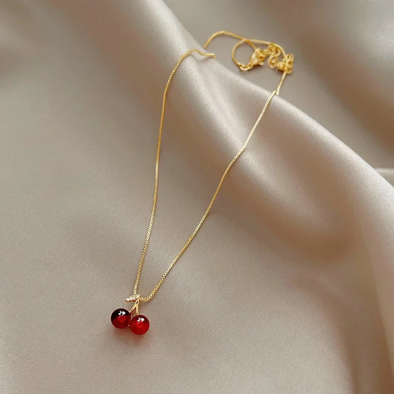 Wine Red Cherry Gold Necklace