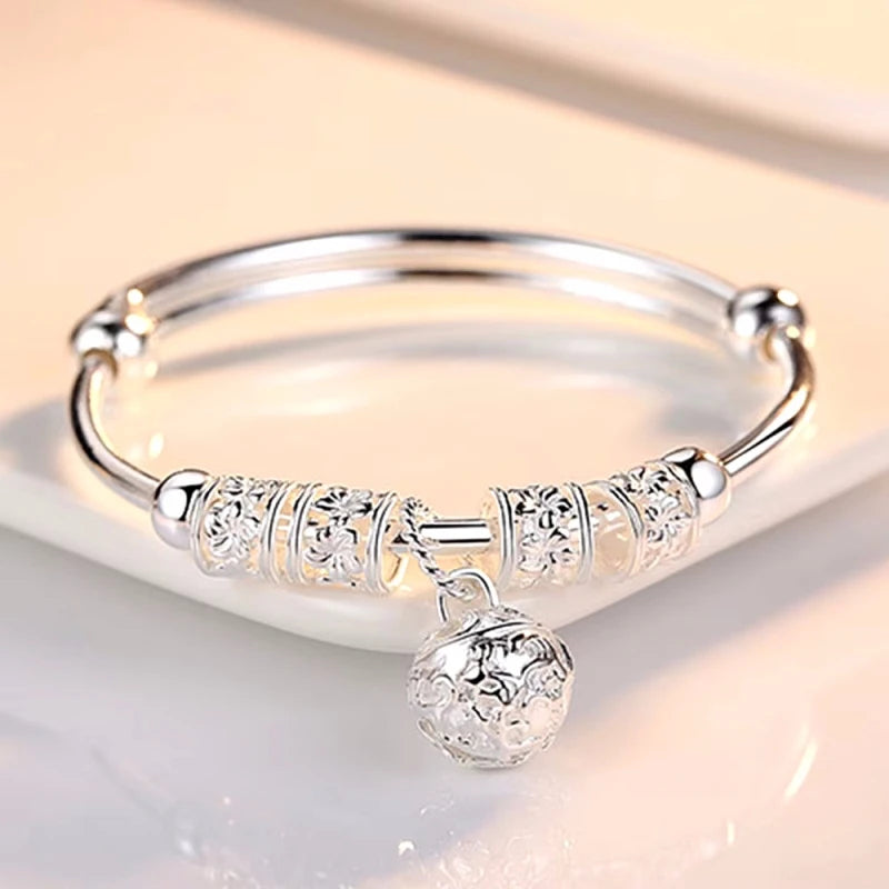 Sterling Silver Hollow Bell Bangle – Adjustable Women’s Bracelet