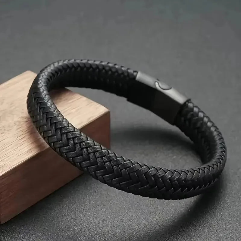 Men’s Woven Leather Hand Rope Bracelet – Multi-Size Open Bangle
