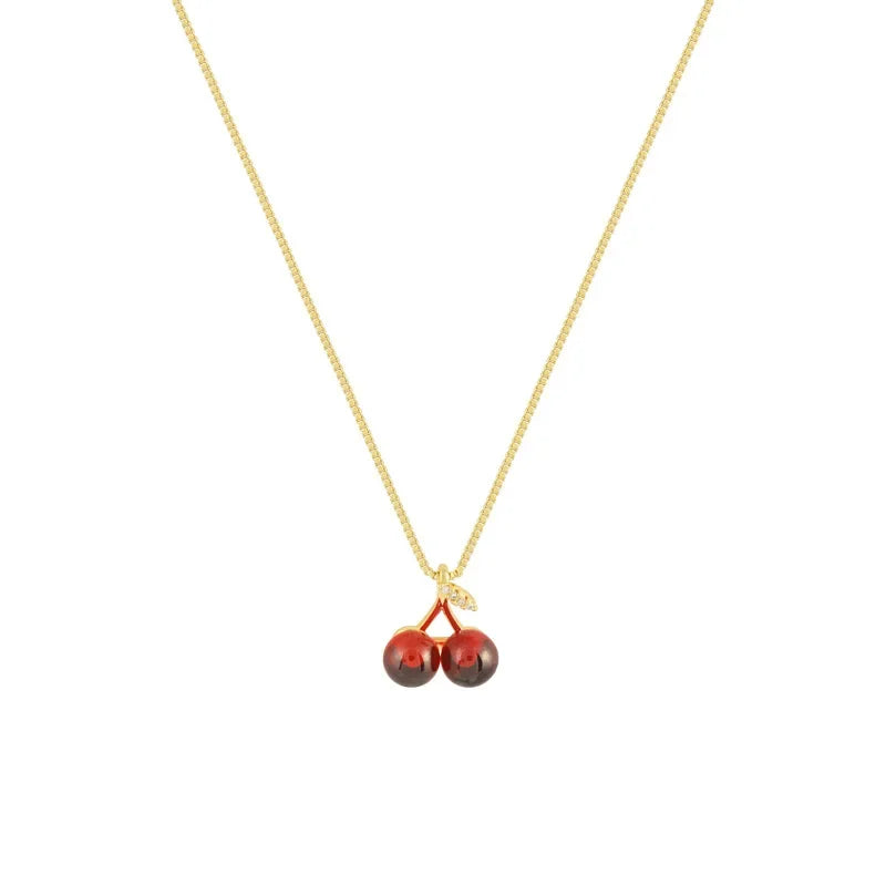 Wine Red Cherry Gold Necklace
