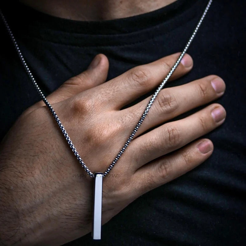 Stainless Steel Vertical Bar Pendant Necklace For Men